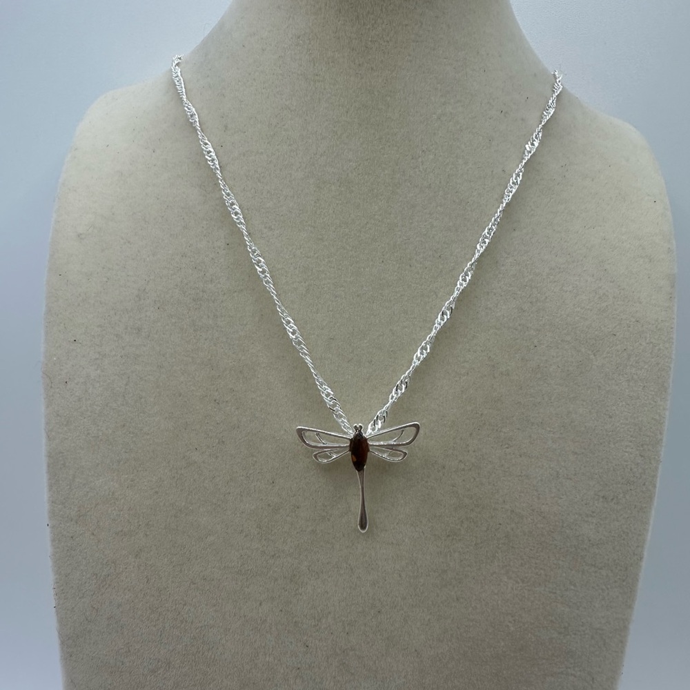Amber Sterling Silver Butterfly Pendant on Silver Twisted Chain - Picture 7 of 7